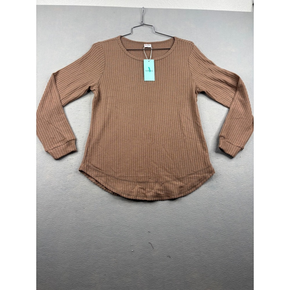 Wiholl Womens Brown Waffle Knit Long Sleeve Top Curved Hem Crew Neck Size M